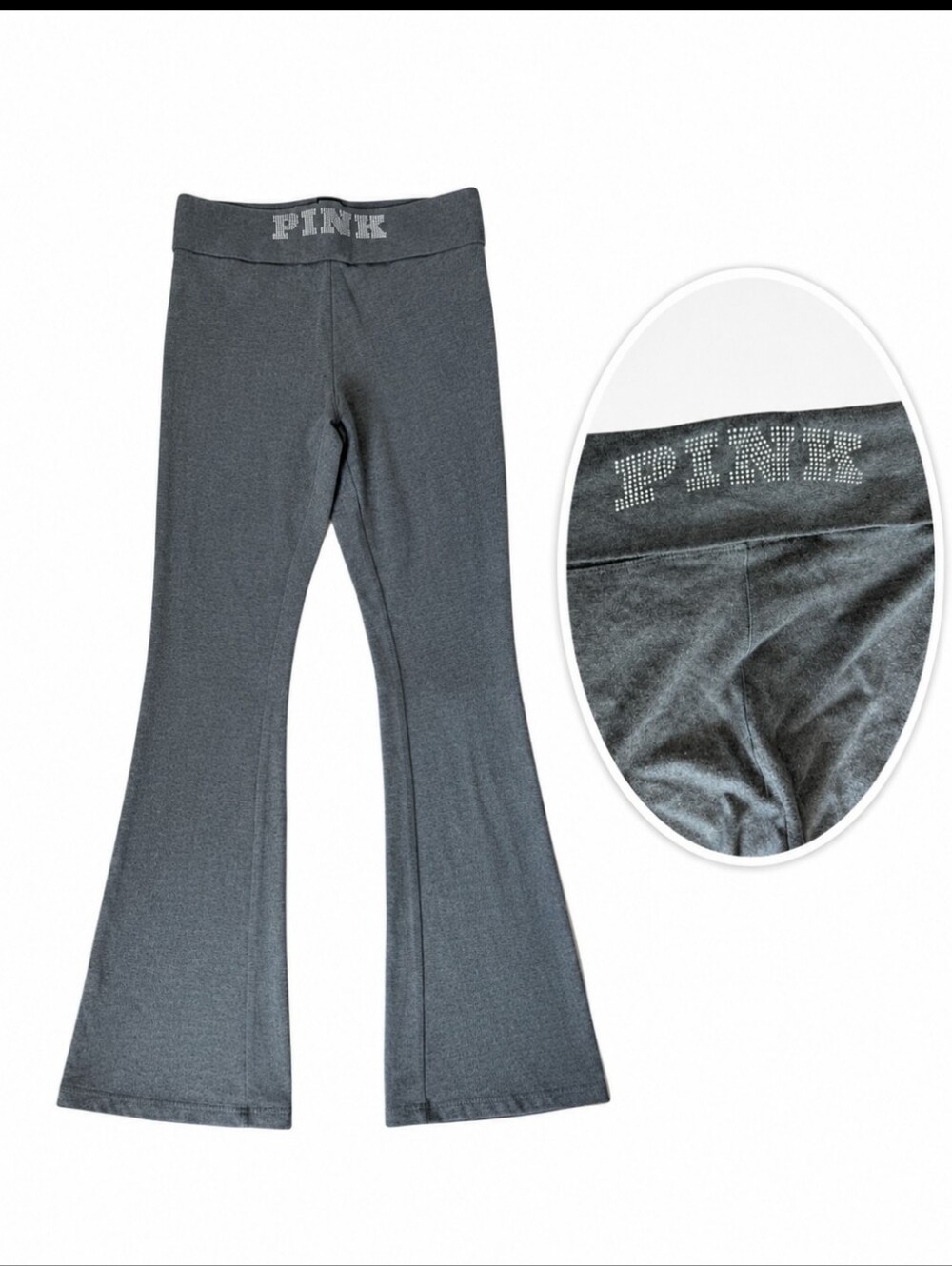 Pink Victoria's Secret Fold-Over Flare Leggings Silver Graphic Rhinestone Trim L